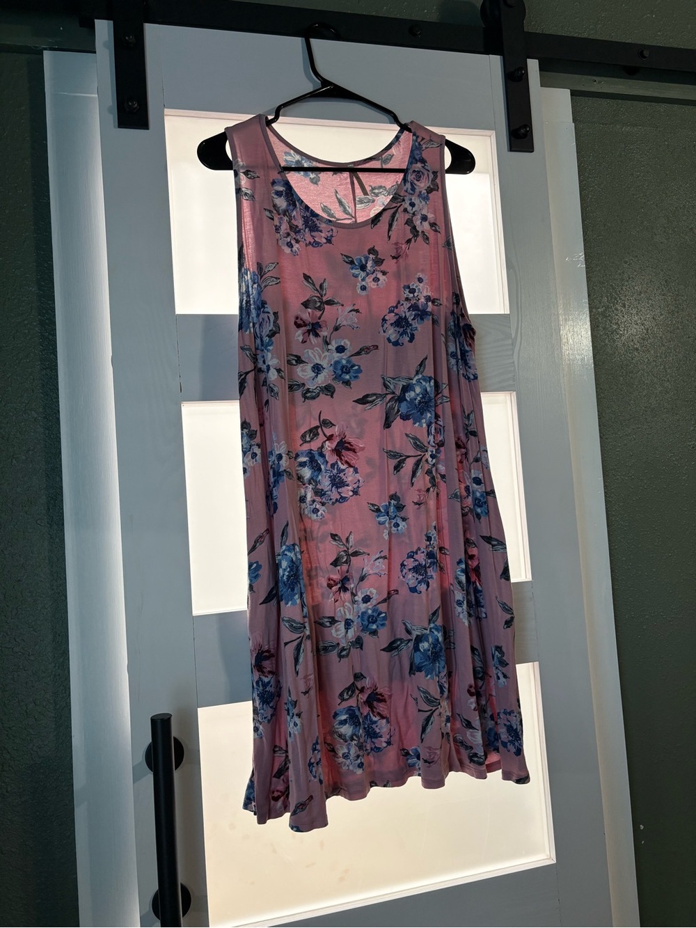 Sleeveless Pink Floral Midi Dress with Blue Print